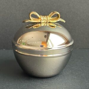 Vintage Trinket Ring Box Round Silver Chrome Metal w Golden Bow On Lid